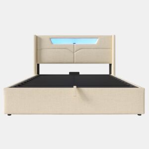 Cama estofada 160x200 cm - LED, porta USB e Type-C, baú rebatível com espaço de arrumação, base incluída, tecido de linho - Bege