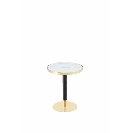 Mesa auxiliar redonda 60x60x74 cm - efeito mármore, borda dourada, estrutura metálica estável - branca Mesa auxiliar redonda 60x60x74 cm - efeito mármore, borda dourada, estrutura metálica estável - branca