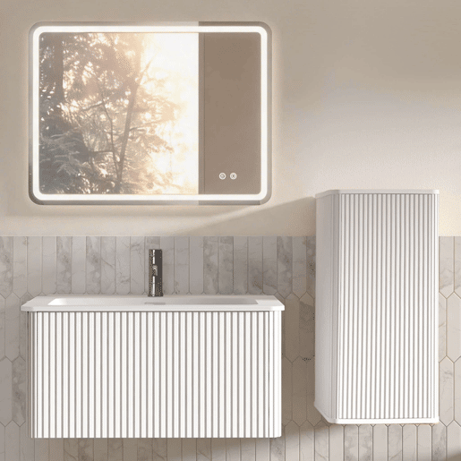 Conjunto de mobiliário de casa de banho de 61 cm u2013 suspenso com lavatório, espelho LED quadrado e armário auxiliar moderno u2013 Branco Conjunto de mobiliário de casa de banho de 61 cm u2013 suspenso com lavatório, espelho LED quadrado e armário auxiliar moderno u2013 Branco