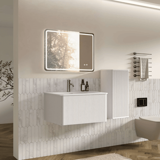 Conjunto de mobiliário de casa de banho de 61 cm u2013 suspenso com lavatório, espelho LED quadrado e armário auxiliar moderno u2013 Branco Conjunto de mobiliário de casa de banho de 61 cm u2013 suspenso com lavatório, espelho LED quadrado e armário auxiliar moderno u2013 Branco