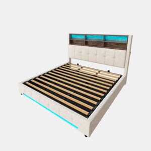 Cama estofada 180x200 cm - Cabeceira multifuncional com 6 compartimentos, bolsos laterais, USB-C, LED, sistema de arrumação hidráulico e amplo espaço debaixo da cama - Bege