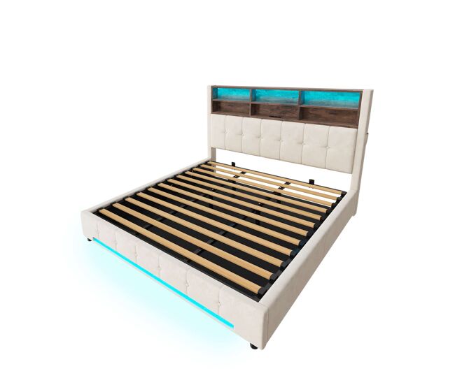 Cama tapizada 180x200 cm - cabecero multifuncional con 6 compartimentos, bolsillos laterales, usb-c, led, almacenamiento hidráulico y gran espacio