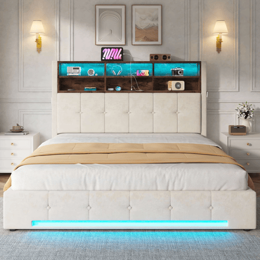 Cama estofada 180x200 cm - Cabeceira multifuncional com 6 compartimentos, bolsos laterais, USB-C, LED, sistema de arrumação hidráulico e amplo espaço debaixo da cama - Bege Cama estofada 180x200 cm - Cabeceira multifuncional com 6 compartimentos, bolsos laterais, USB-C, LED, sistema de arrumação hidráulico e amplo espaço debaixo da cama - Bege