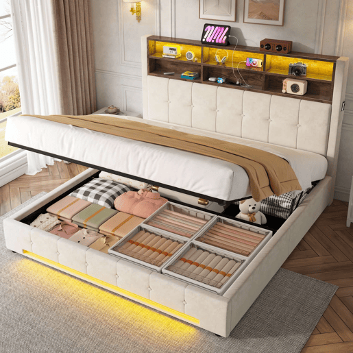 Cama estofada 180x200 cm - Cabeceira multifuncional com 6 compartimentos, bolsos laterais, USB-C, LED, sistema de arrumação hidráulico e amplo espaço debaixo da cama - Bege Cama estofada 180x200 cm - Cabeceira multifuncional com 6 compartimentos, bolsos laterais, USB-C, LED, sistema de arrumação hidráulico e amplo espaço debaixo da cama - Bege