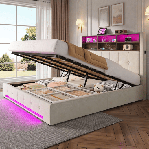 Cama estofada 180x200 cm - Cabeceira multifuncional com 6 compartimentos, bolsos laterais, USB-C, LED, sistema de arrumação hidráulico e amplo espaço debaixo da cama - Bege Cama estofada 180x200 cm - Cabeceira multifuncional com 6 compartimentos, bolsos laterais, USB-C, LED, sistema de arrumação hidráulico e amplo espaço debaixo da cama - Bege