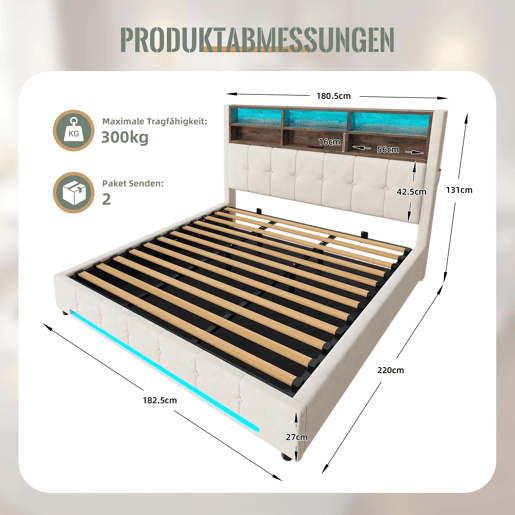 Cama estofada 180x200 cm - Cabeceira multifuncional com 6 compartimentos, bolsos laterais, USB-C, LED, sistema de arrumação hidráulico e amplo espaço debaixo da cama - Bege Cama estofada 180x200 cm - Cabeceira multifuncional com 6 compartimentos, bolsos laterais, USB-C, LED, sistema de arrumação hidráulico e amplo espaço debaixo da cama - Bege