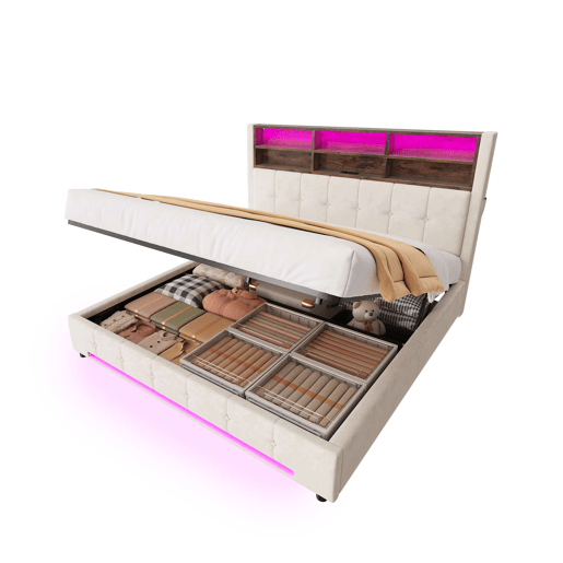 Cama estofada 180x200 cm - Cabeceira multifuncional com 6 compartimentos, bolsos laterais, USB-C, LED, sistema de arrumação hidráulico e amplo espaço debaixo da cama - Bege Cama estofada 180x200 cm - Cabeceira multifuncional com 6 compartimentos, bolsos laterais, USB-C, LED, sistema de arrumação hidráulico e amplo espaço debaixo da cama - Bege