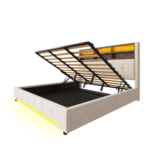 Cama estofada 180x200 cm - Cabeceira multifuncional com 6 compartimentos, bolsos laterais, USB-C, LED, sistema de arrumação hidráulico e amplo espaço debaixo da cama - Bege Cama estofada 180x200 cm - Cabeceira multifuncional com 6 compartimentos, bolsos laterais, USB-C, LED, sistema de arrumação hidráulico e amplo espaço debaixo da cama - Bege