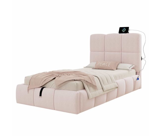 Cama individual tapizada 90x200 cm - funcional con almacenamiento hidráulico, cabecero acolchado y puerto usb - rosa
