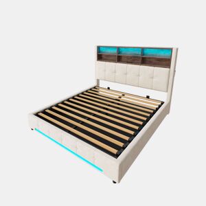 Cama estofada 160x200 cm - Cabeceira multifuncional com 6 compartimentos, bolsos laterais, USB-C, LED, sistema de armazenamento hidráulico e amplo espaço debaixo da cama - Bege
