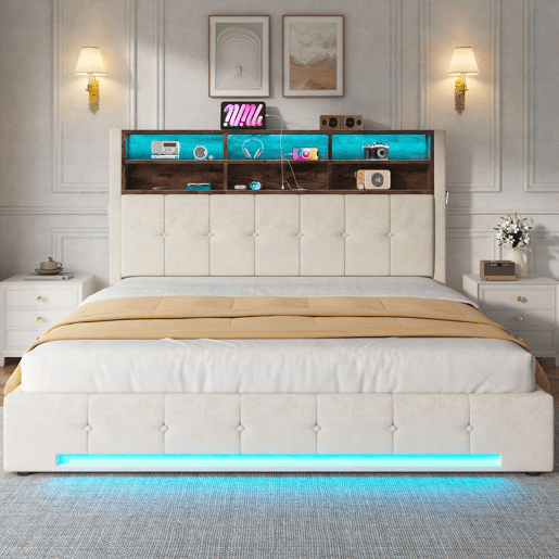 Cama estofada 160x200 cm - Cabeceira multifuncional com 6 compartimentos, bolsos laterais, USB-C, LED, sistema de armazenamento hidráulico e amplo espaço debaixo da cama - Bege Cama estofada 160x200 cm - Cabeceira multifuncional com 6 compartimentos, bolsos laterais, USB-C, LED, sistema de armazenamento hidráulico e amplo espaço debaixo da cama - Bege