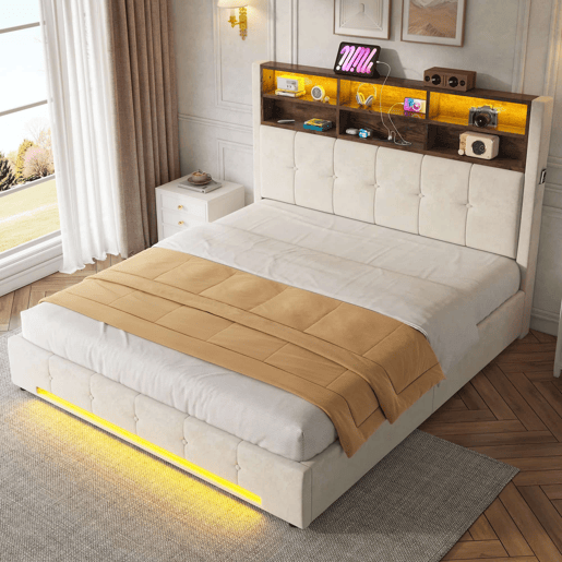 Cama estofada 160x200 cm - Cabeceira multifuncional com 6 compartimentos, bolsos laterais, USB-C, LED, sistema de armazenamento hidráulico e amplo espaço debaixo da cama - Bege Cama estofada 160x200 cm - Cabeceira multifuncional com 6 compartimentos, bolsos laterais, USB-C, LED, sistema de armazenamento hidráulico e amplo espaço debaixo da cama - Bege