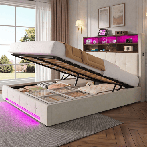 Cama estofada 160x200 cm - Cabeceira multifuncional com 6 compartimentos, bolsos laterais, USB-C, LED, sistema de armazenamento hidráulico e amplo espaço debaixo da cama - Bege Cama estofada 160x200 cm - Cabeceira multifuncional com 6 compartimentos, bolsos laterais, USB-C, LED, sistema de armazenamento hidráulico e amplo espaço debaixo da cama - Bege