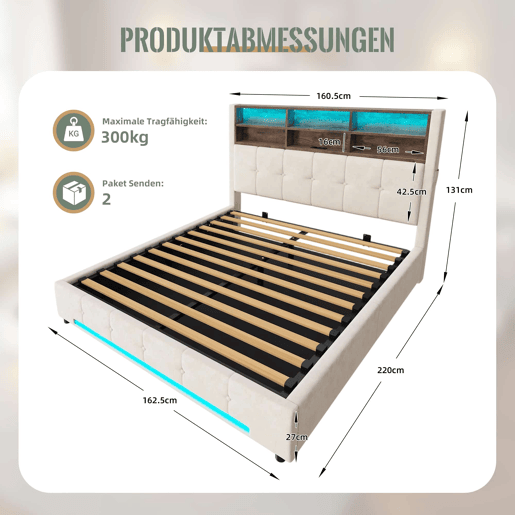 Cama estofada 160x200 cm - Cabeceira multifuncional com 6 compartimentos, bolsos laterais, USB-C, LED, sistema de armazenamento hidráulico e amplo espaço debaixo da cama - Bege Cama estofada 160x200 cm - Cabeceira multifuncional com 6 compartimentos, bolsos laterais, USB-C, LED, sistema de armazenamento hidráulico e amplo espaço debaixo da cama - Bege