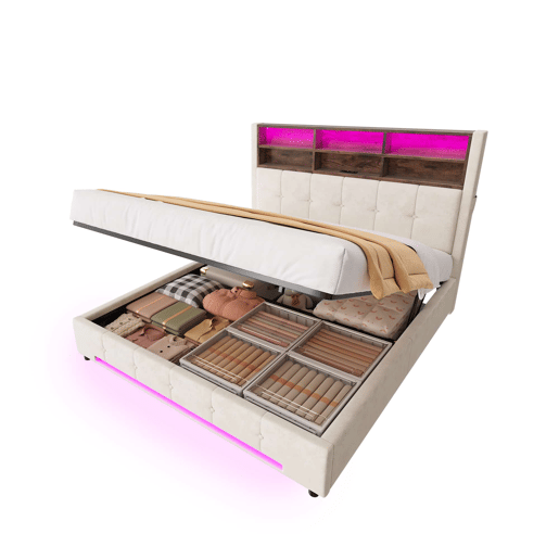 Cama estofada 160x200 cm - Cabeceira multifuncional com 6 compartimentos, bolsos laterais, USB-C, LED, sistema de armazenamento hidráulico e amplo espaço debaixo da cama - Bege Cama estofada 160x200 cm - Cabeceira multifuncional com 6 compartimentos, bolsos laterais, USB-C, LED, sistema de armazenamento hidráulico e amplo espaço debaixo da cama - Bege