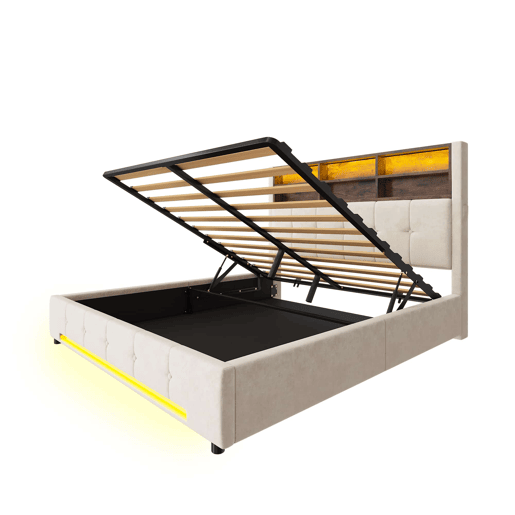 Cama estofada 160x200 cm - Cabeceira multifuncional com 6 compartimentos, bolsos laterais, USB-C, LED, sistema de armazenamento hidráulico e amplo espaço debaixo da cama - Bege Cama estofada 160x200 cm - Cabeceira multifuncional com 6 compartimentos, bolsos laterais, USB-C, LED, sistema de armazenamento hidráulico e amplo espaço debaixo da cama - Bege