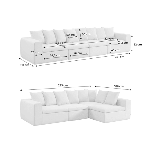 Sofá modular em tecido chenille embalado a vácuo, 4 lugares, Movi, Branco, 362x110x62 cm Sofá modular em tecido chenille embalado a vácuo, 4 lugares, Movi, Branco, 362x110x62 cm