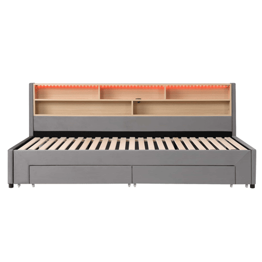 Sofá-cama 90 x 200 cm u2014 extensível até 180 cm, com 2 gavetas de arrumação, porta USB e luz LED, veludo u2014 cinzento Sofá-cama 90 x 200 cm u2014 extensível até 180 cm, com 2 gavetas de arrumação, porta USB e luz LED, veludo u2014 cinzento