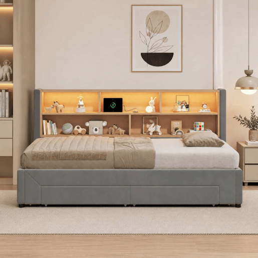 Sofá-cama 90 x 200 cm u2014 extensível até 180 cm, com 2 gavetas de arrumação, porta USB e luz LED, veludo u2014 cinzento Sofá-cama 90 x 200 cm u2014 extensível até 180 cm, com 2 gavetas de arrumação, porta USB e luz LED, veludo u2014 cinzento