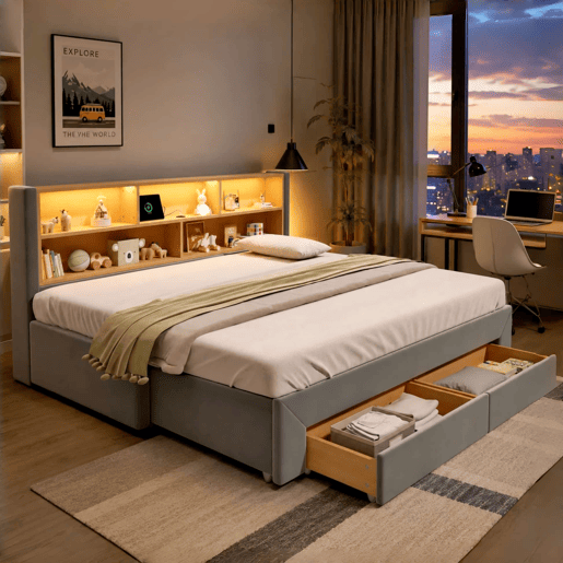Sofá-cama 90 x 200 cm u2014 extensível até 180 cm, com 2 gavetas de arrumação, porta USB e luz LED, veludo u2014 cinzento Sofá-cama 90 x 200 cm u2014 extensível até 180 cm, com 2 gavetas de arrumação, porta USB e luz LED, veludo u2014 cinzento