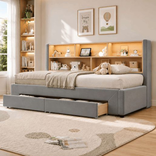 Sofá-cama 90 x 200 cm u2014 extensível até 180 cm, com 2 gavetas de arrumação, porta USB e luz LED, veludo u2014 cinzento Sofá-cama 90 x 200 cm u2014 extensível até 180 cm, com 2 gavetas de arrumação, porta USB e luz LED, veludo u2014 cinzento