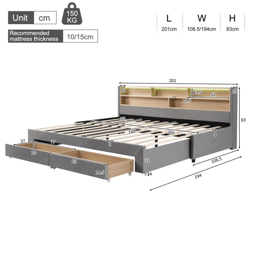 Sofá-cama 90 x 200 cm u2014 extensível até 180 cm, com 2 gavetas de arrumação, porta USB e luz LED, veludo u2014 cinzento Sofá-cama 90 x 200 cm u2014 extensível até 180 cm, com 2 gavetas de arrumação, porta USB e luz LED, veludo u2014 cinzento