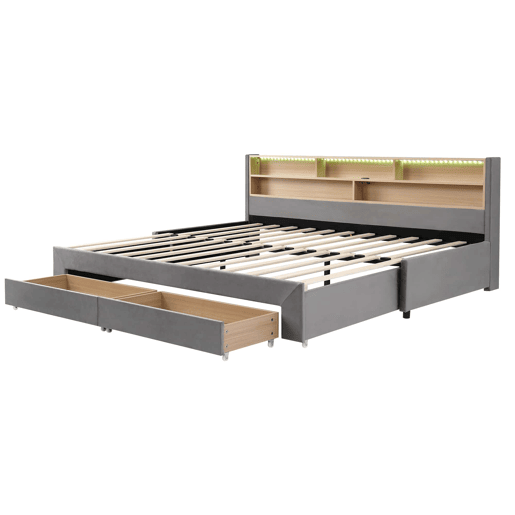 Sofá-cama 90 x 200 cm u2014 extensível até 180 cm, com 2 gavetas de arrumação, porta USB e luz LED, veludo u2014 cinzento Sofá-cama 90 x 200 cm u2014 extensível até 180 cm, com 2 gavetas de arrumação, porta USB e luz LED, veludo u2014 cinzento