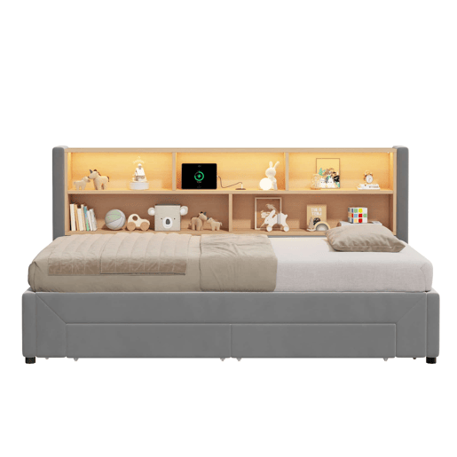 Sofá-cama 90 x 200 cm u2014 extensível até 180 cm, com 2 gavetas de arrumação, porta USB e luz LED, veludo u2014 cinzento Sofá-cama 90 x 200 cm u2014 extensível até 180 cm, com 2 gavetas de arrumação, porta USB e luz LED, veludo u2014 cinzento