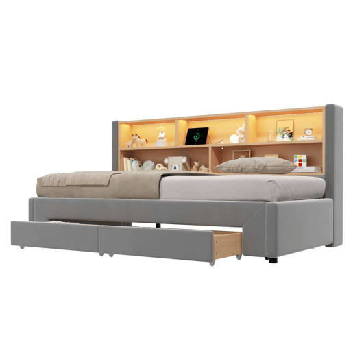 Sofá-cama 90 x 200 cm u2014 extensível até 180 cm, com 2 gavetas de arrumação, porta USB e luz LED, veludo u2014 cinzento Sofá-cama 90 x 200 cm u2014 extensível até 180 cm, com 2 gavetas de arrumação, porta USB e luz LED, veludo u2014 cinzento