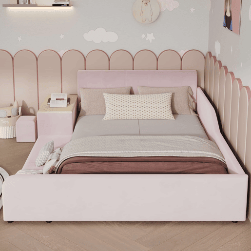 Cama infantil 140 x 200 cm u2014 cama estofada com secretária e banco, prateleira de arrumação, cabeceira macia e base de madeira u2014 rosa