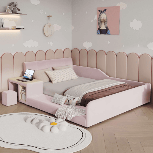 Cama infantil 140 x 200 cm u2014 cama estofada com secretária e banco, prateleira de arrumação, cabeceira macia e base de madeira u2014 rosa