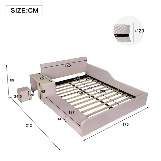Cama infantil 140 x 200 cm u2014 cama estofada com secretária e banco, prateleira de arrumação, cabeceira macia e base de madeira u2014 rosa