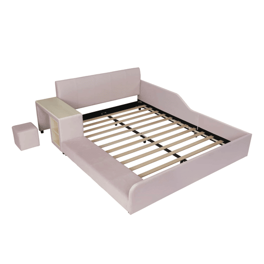 Cama infantil 140 x 200 cm u2014 cama estofada com secretária e banco, prateleira de arrumação, cabeceira macia e base de madeira u2014 rosa