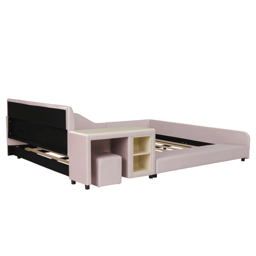 Cama infantil 140 x 200 cm u2014 cama estofada com secretária e banco, prateleira de arrumação, cabeceira macia e base de madeira u2014 rosa