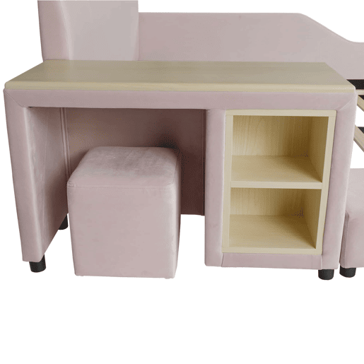 Cama infantil 140 x 200 cm u2014 cama estofada com secretária e banco, prateleira de arrumação, cabeceira macia e base de madeira u2014 rosa