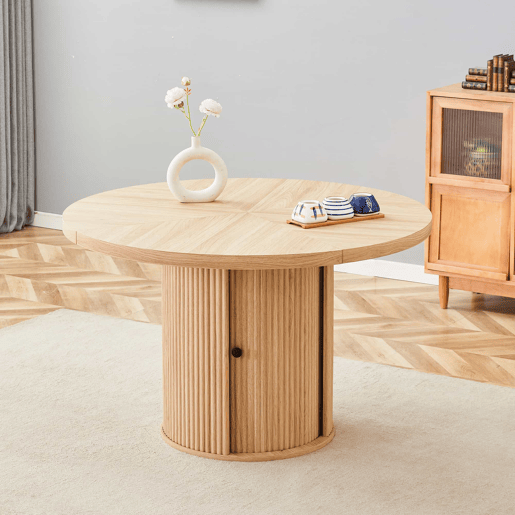 Mesa de jantar redonda 115 x 115 x 74 cm u2014 com espaço de arrumação, pé central com armário, estilo escandinavo moderno u2014 madeira