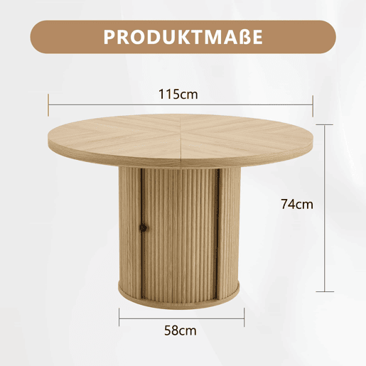 Mesa de jantar redonda 115 x 115 x 74 cm u2014 com espaço de arrumação, pé central com armário, estilo escandinavo moderno u2014 madeira
