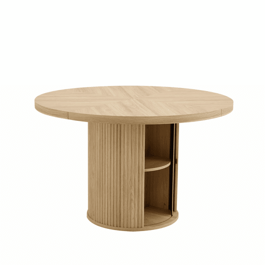 Mesa de jantar redonda 115 x 115 x 74 cm u2014 com espaço de arrumação, pé central com armário, estilo escandinavo moderno u2014 madeira