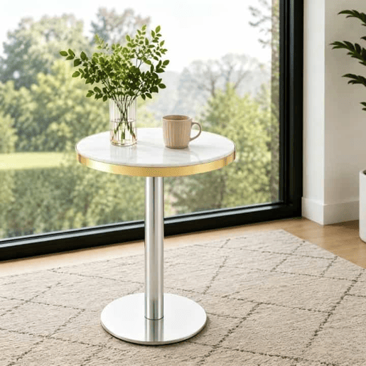 Mesa auxiliar redonda 60x60x74 cm u2014 tampo com efeito de mármore, com borda dourada e estrutura metálica estável, ideal como mesa de centro, mesa de cabeceira ou para o varandão u2014 Branco