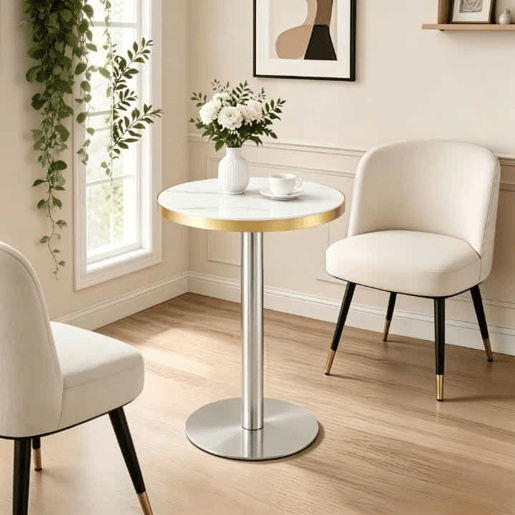 Mesa auxiliar redonda 60x60x74 cm u2014 tampo com efeito de mármore, com borda dourada e estrutura metálica estável, ideal como mesa de centro, mesa de cabeceira ou para o varandão u2014 Branco