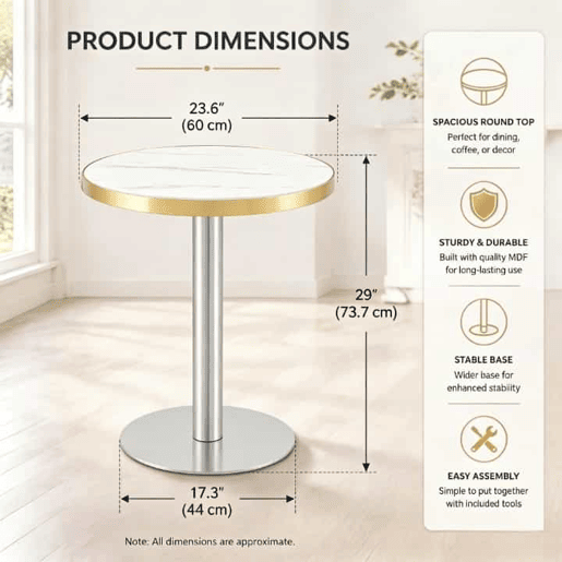 Mesa auxiliar redonda 60x60x74 cm u2014 tampo com efeito de mármore, com borda dourada e estrutura metálica estável, ideal como mesa de centro, mesa de cabeceira ou para o varandão u2014 Branco