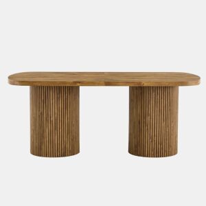 Mesa de jantar oval 180x90x76 cm u2013 estilo Wabi-Sabi e Mid Century, pé em coluna estriada, tampo em MDF com efeito de madeira u2013 cor de madeira