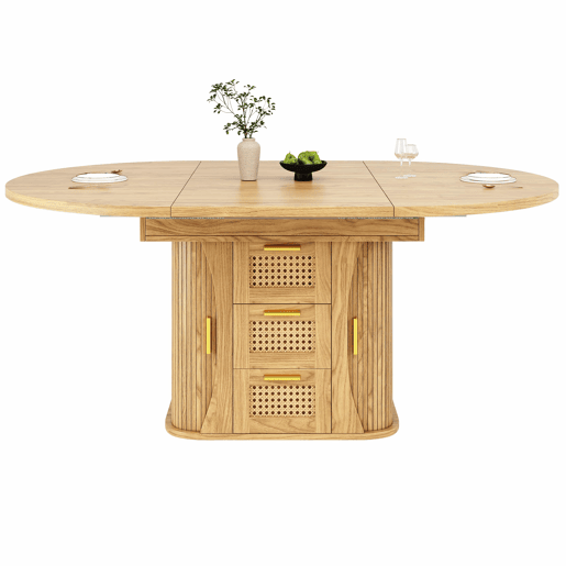 Mesa de jantar extensível 118-158 cm - com arrumação e gavetas em rattan, MDF com efeito de madeira - madeira natural Mesa de jantar extensível 118-158 cm - com arrumação e gavetas em rattan, MDF com efeito de madeira - madeira natural