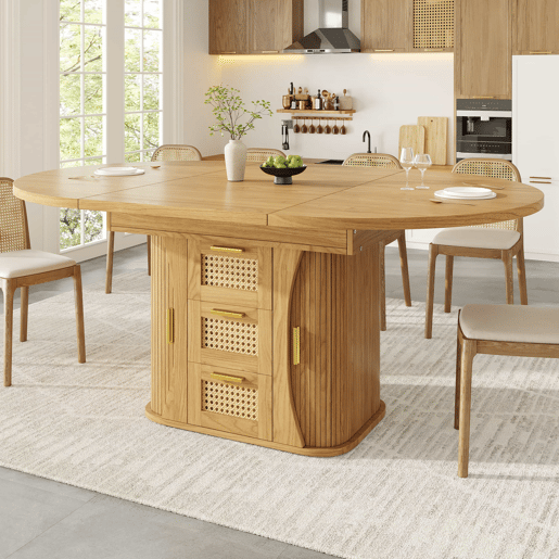 Mesa de jantar extensível 118-158 cm - com arrumação e gavetas em rattan, MDF com efeito de madeira - madeira natural Mesa de jantar extensível 118-158 cm - com arrumação e gavetas em rattan, MDF com efeito de madeira - madeira natural
