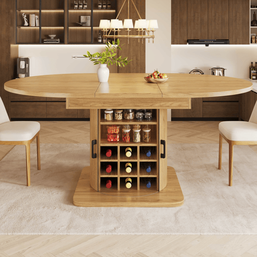 Mesa de jantar extensível - multifuncional com arrumação e prateleiras extraíveis, poupa espaço em cozinhas e salas de jantar pequenas, tampo em MDF - castanho claro natural Mesa de jantar extensível - multifuncional com arrumação e prateleiras extraíveis, poupa espaço em cozinhas e salas de jantar pequenas, tampo em MDF - castanho claro natural