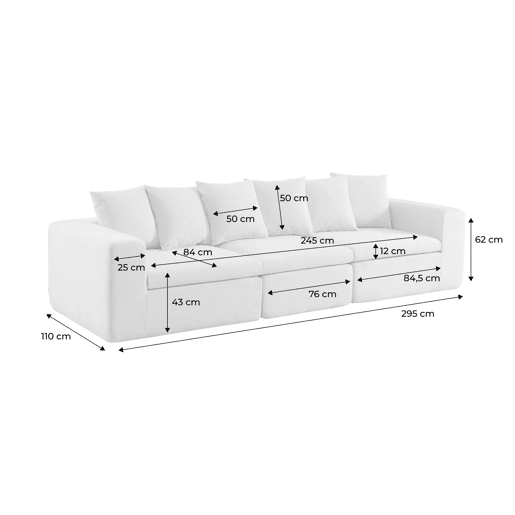 Sofá modular em tecido chenille embalado a vácuo, 3 lugares, Movi, Branco, 295x110x62 cm