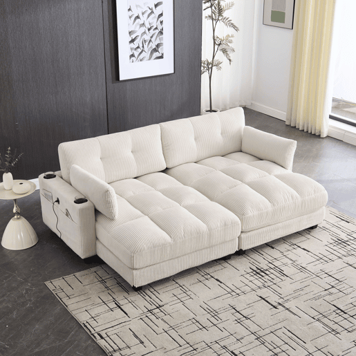 Sofá de 2 lugares - Modular em veludo cotelê com almofadas, 4 porta-copos, bolsos laterais e portas USB - Bege