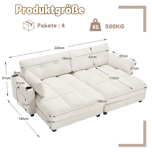 Sofá de 2 lugares - Modular em veludo cotelê com almofadas, 4 porta-copos, bolsos laterais e portas USB - Bege