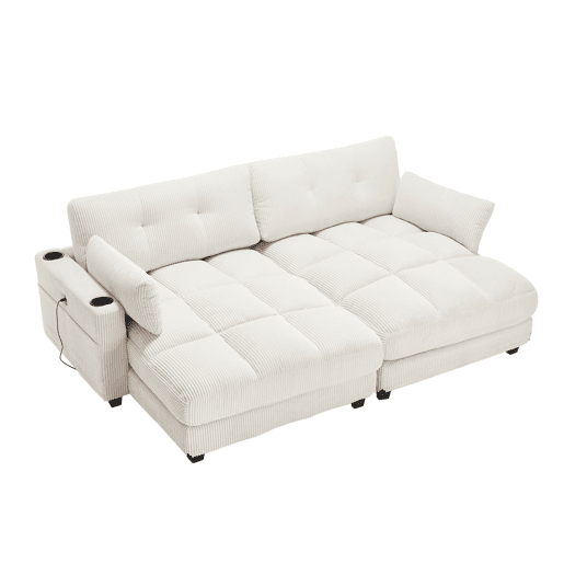 Sofá de 2 lugares - Modular em veludo cotelê com almofadas, 4 porta-copos, bolsos laterais e portas USB - Bege