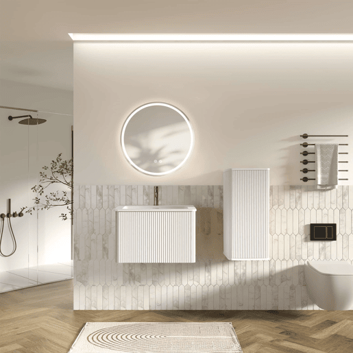 Conjunto de móveis de casa de banho de 60 cm com lavatório e espelho LED - suspenso, com armário auxiliar e espelho redondo moderno - Branco Conjunto de móveis de casa de banho de 60 cm com lavatório e espelho LED - suspenso, com armário auxiliar e espelho redondo moderno - Branco